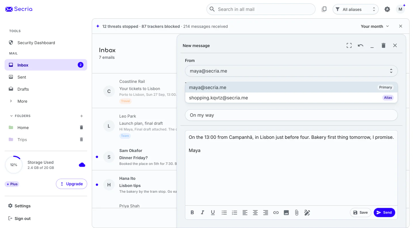 Secria Mail's inbox with the address menu open, listing every alias, and mail sorted into colored folders and labels.