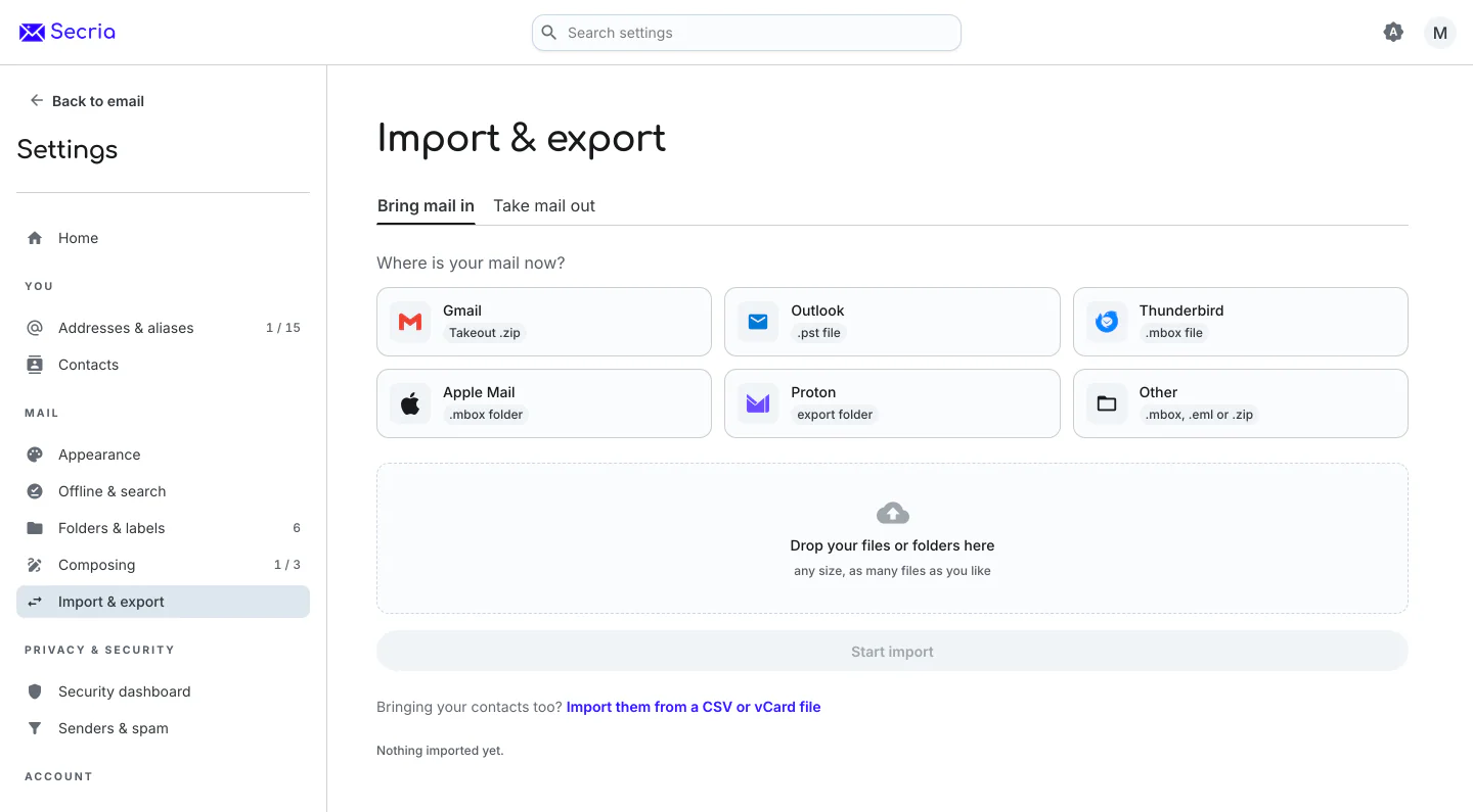 Secria Mail's Import and export screen: pick where your mail is now, drop in the file, and every email is imported and encrypted.