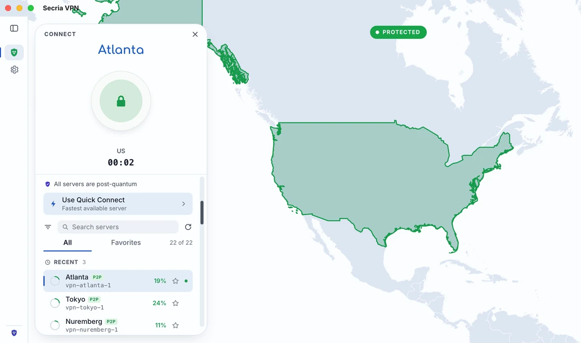 Secria VPN for Mac, connected through Atlanta: the United States lit on the map, and the server list beside it.