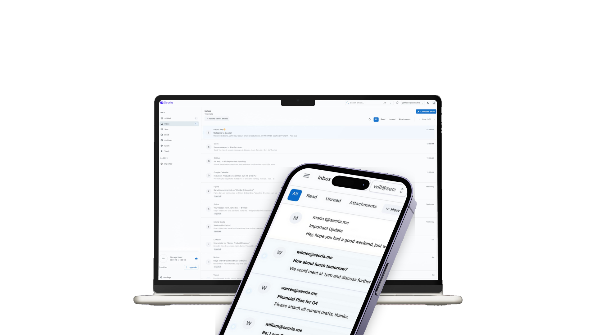 Secria Mail — encrypted inbox on desktop and mobile