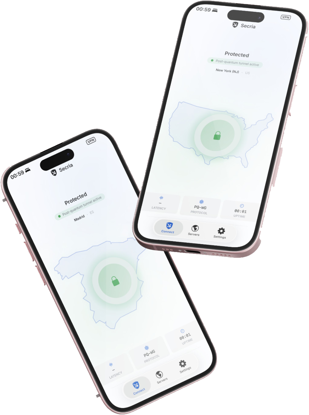 Secria VPN — post-quantum tunnel active on mobile